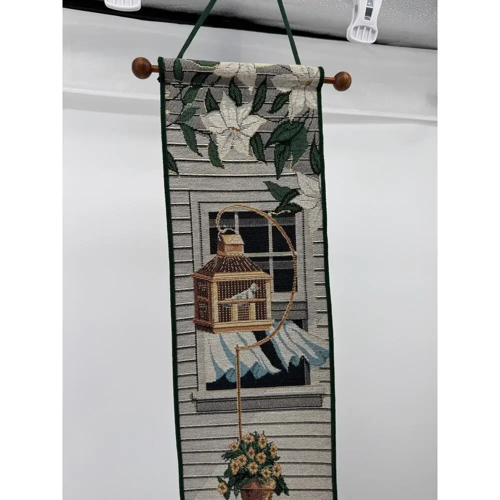 Woven Tapestry Wall Hanging Front Porch Serenade Bell Pull Floral Cottage 40 In